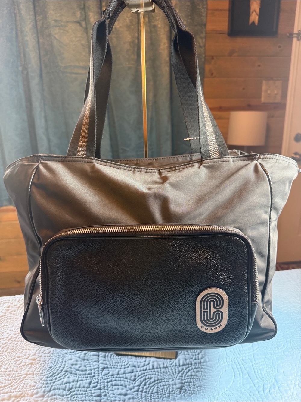Coach Black Nylon Tote with Front Leather Zip Pocket